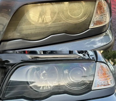 Yellow headlights and Clear headlights before and after picture.